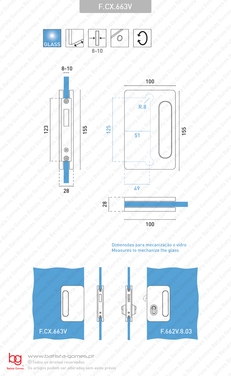 Caixa / Testa para folha oposta em vidro compat�vel com fechadura F.662V